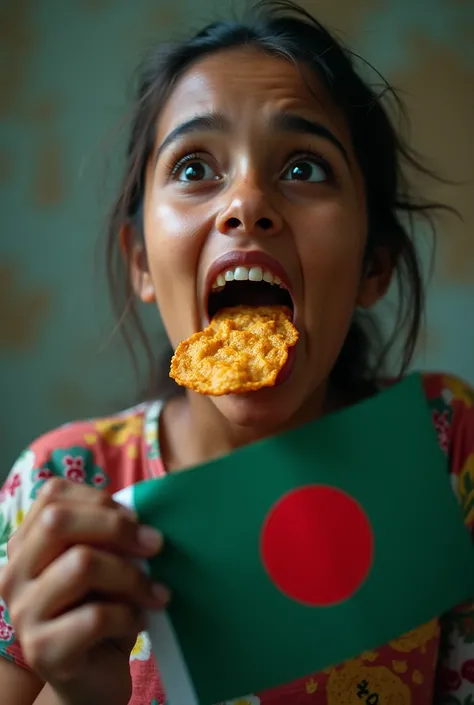 Make one image,Caught in the throat chip of the chicken with hand where Bangladeshi flag in hand