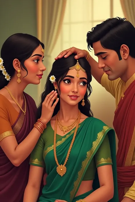 The old priest places his hand on Roshani’s (22, sitting gracefully in her emerald saree with green blouse along with delicate golden borders her hair tied in low bun adorned with white gajra ) head, blessing her with prosperity and love. Her jasmine-adorn...