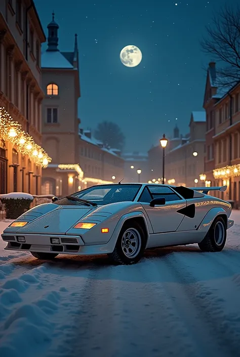 A captivating cinematic photoshoot featuring a pristine Lamborghini Countach LP400, exuding a luxurious and powerful presence. The glossy white body gleams in the winter moonlight, creating a striking contrast with the rich savannah-colored interior. Metic...