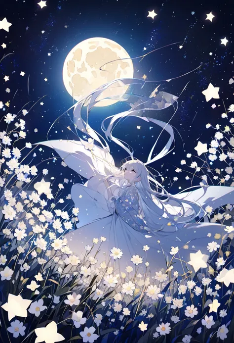  with stars and moon in the background in the night sky、White Flower々A beautiful field of 