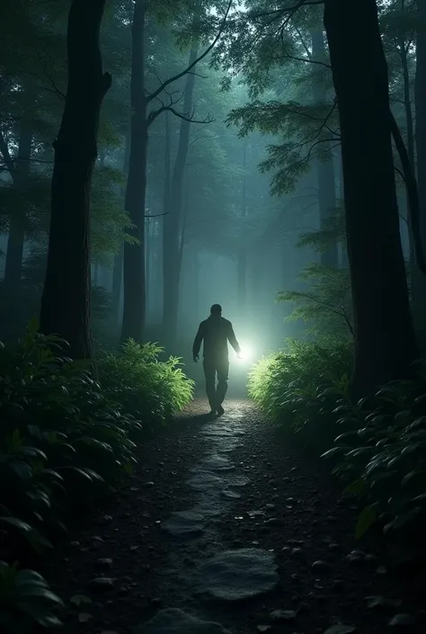 A narrow forest path lit only by the beam of a flashlight, with rustling leaves in the background.  