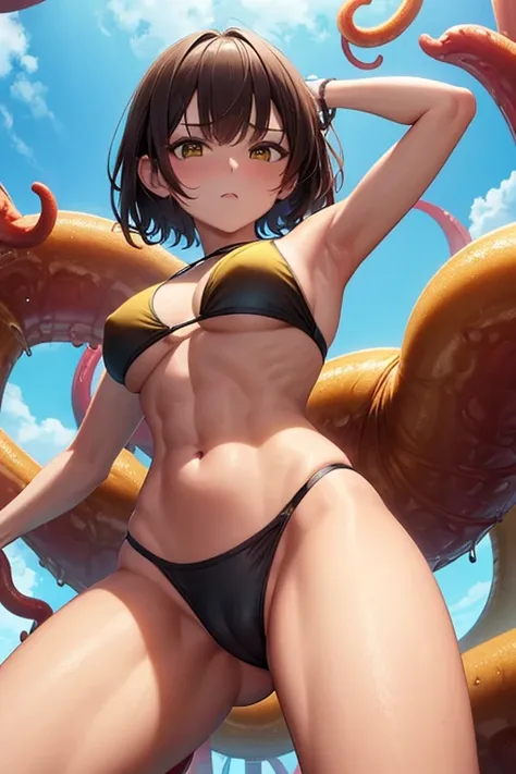 nsfw handsome bob, Brown Hair　Cheeky　１７age　Medium Chest　anger　 abs　Water Drop　Yellow sports bra　Yellow sports bikini　 are being attacked by tentacles 