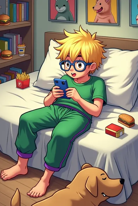 I would like a drawing of a young man, light skinned,  short stature and dark eyes .  He has yellow hair , very short.  He wears thick blue glasses .  The boy wears a green t-shirt with bags ,  and green basketball pants , with purple details . She has bar...