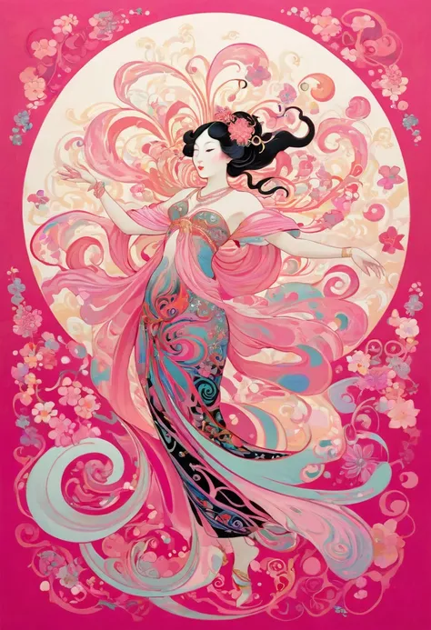  Hallucinatory, Tsuruta Ichiro Style Beauty Painting , Hypnotic Patterns , Abstract, Euphoric,  Fluid Shapes ,  jewelry, flower, spring, pink,  flat illustration .  Negative Space in the Shape of a Dancing Womans Body .  Japanese Mythology Goddess, Mucha s...