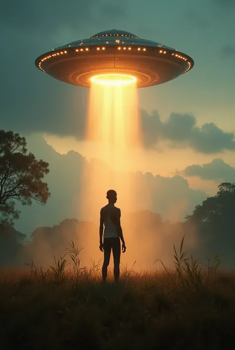 The UFO hovering above the clearing, its lights creating a radiant aura.  "The extra terrestrial being, seven feet tall, big head, large almond-shaped eyes with a slender, elongated frame that exudes  grace stands beside Kwaku, a 14year old Ghanaian boy pr...