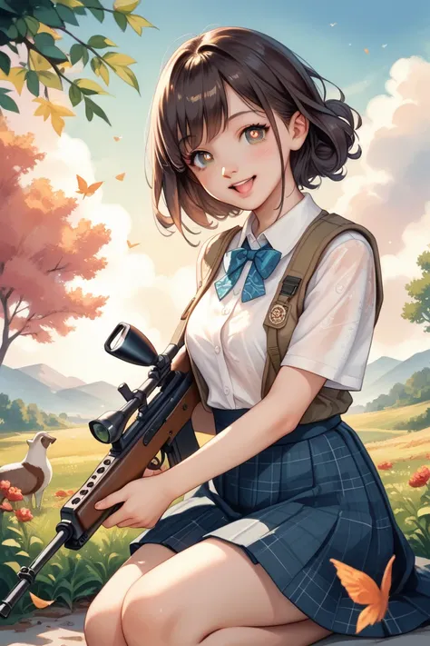 anime illustration,digital art,hunter with rifle,,wearing skirt,black hair or brown hair,very cute pupils,opening day of hunting season,commemorative photo next to dead buck after killing is putting on the ground,happy to have shot wild animals for the fir...