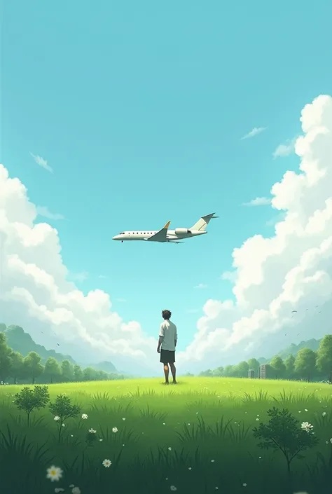  A cloudy background ,  and green grass as ground. In the distance,  in the middle an airplane , A private jet ,  above blue below white , Who is standing on the ground .  On the grass is CITY RP