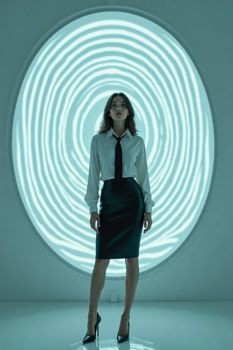 (little latex office woman) looking at (brainwashing glowing spiral screen), (white office blouse with covered nipples and latex pencil skirt:1), (@_@), (Brainwashing), (Mind Control), (Mind control screen), collar, Mind Control, Hypnosis, Mind Control, br...