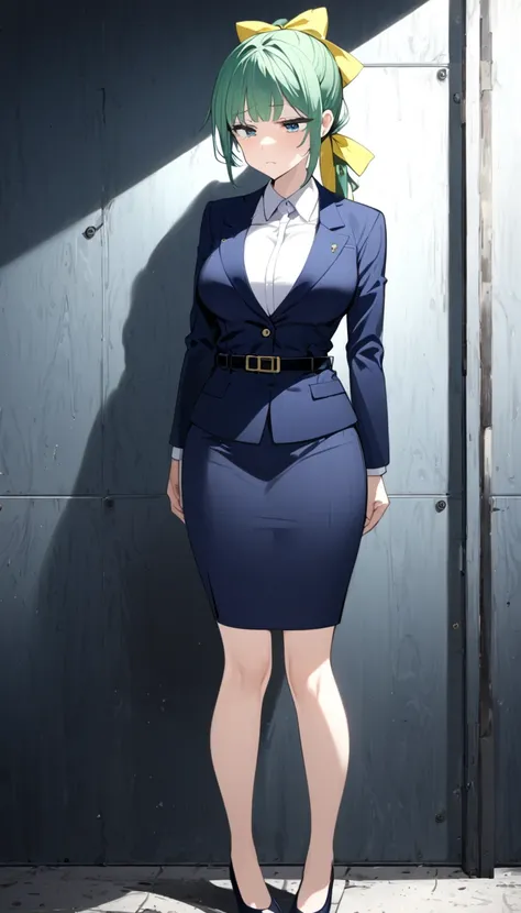 Misuke Iijima、。1 Girl、solo、OL,woman、 green hair、 shorthair、 ponytail、 yellow ribbon 、Hair Bows、 sad face、 full body style that reflects your whole body、 normal breasts、 narrow waist 、Bare legs、Standing beautifully、 in a suit、 navy blue jacket ,襟付き shirt, s...