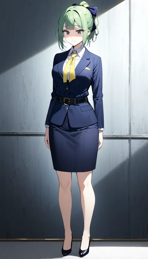 Misuke Iijima、。1 Girl、solo、OL,woman、 green hair、 shorthair、 ponytail、 yellow ribbon 、Hair Bows、 sad face、 full body style that reflects your whole body、 normal breasts、 narrow waist 、Bare legs、Standing beautifully、 in a suit、 navy blue jacket ,襟付き shirt, s...