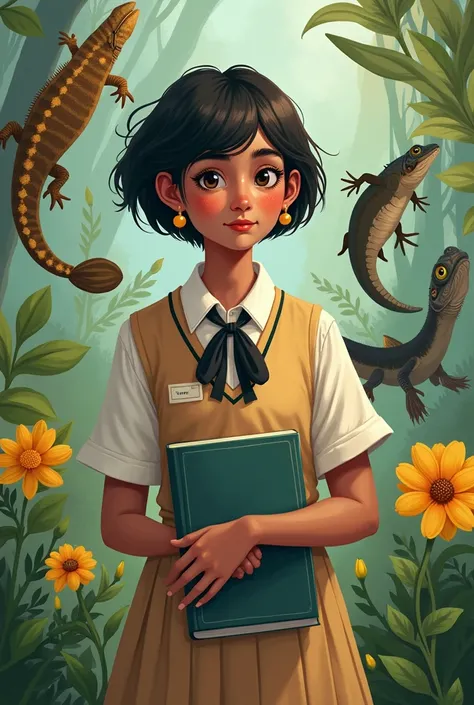 
A 17years dusky short hair girl wearing a jumka earrings standing in the middle holding her favorite chemistry subject teks book and wearing prefect school uniform surrounded her with, a braid, a salamander, a smelly boy with a black scarf, a monitor liza...