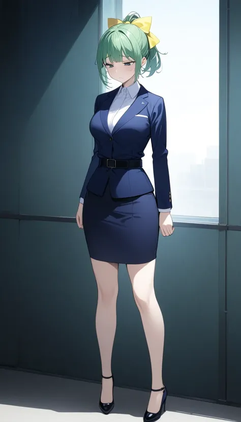 Misuke Iijima、。1 Girl、solo、OL,woman、 green hair、 shorthair、 ponytail、 yellow ribbon 、Hair Bows、 sad face、 full body style that reflects your whole body、 normal breasts、 narrow waist 、Bare legs、Standing beautifully、 in a suit、 navy blue jacket ,襟付き shirt, s...