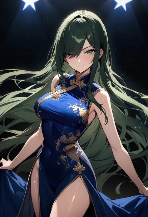 (masterpiece),(absurdres),(perfect detailed),(solo lady),(20-year-old),(shiny dark green hair),(dark green eyes),(straight long hair),(()),(middle breast:0.8),(()), Ultramarine Blue China Dress Embroidered with Dragons、stage、landing、serious,smile,closed on...