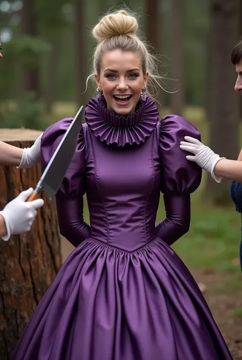 (realistic photograph sideways close up), (a smiling surprised willing beautiful Caucasian lady with (messy hair bun) and wearing (excessive shiny purple silk dress with (long gigantic puff sleeves), (and with an ultra high tight stand-up collar up to her ...