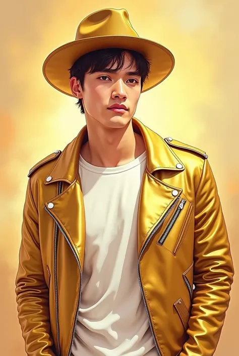 Sketch art of 20 years old cute man wearing gold leather jacket and white inside t-shirt and gold hat in very light golden brown background 