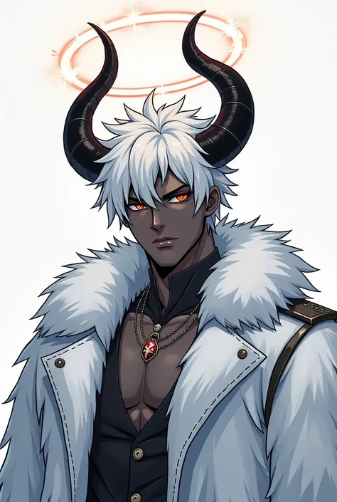 "Stunningly detailed anime sketch of a solo ((muscular)) dark-skinned demon boy with white hair and red eyes. He exudes maturity and has striking black horns and angel hello. Dressed in yeti jacket clothes, including a white yeti jacket, he resembles a dar...