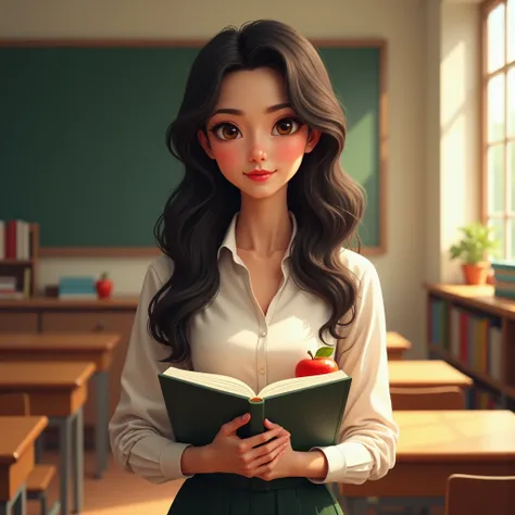 Young teacher,  black hair ,  holding a book,  holding an apple 