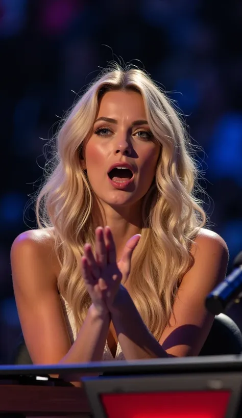  Close portrait, A pretty blonde woman sitting on the bench of judges at a TV talent show making an expression of surprise, bench, microphones, surprise face, dramatic lighting, cinematic composition, highly detailed, photorealistic, 8k, (best quality, 4K,...