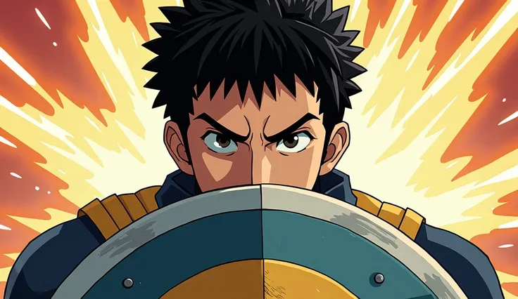 Naofumi’s calm but determined face, raising his shield. comic style