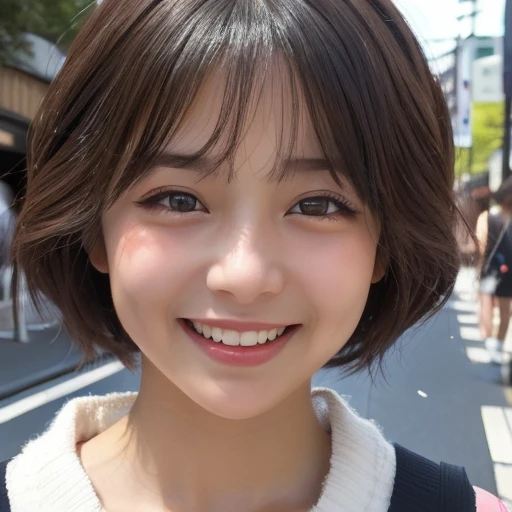 ((( face close-up in the streets of Harajuku)))、Loose and fluffy short hair、 Max Image、Realistic、Realistic、(Natural laughter:1.25)、、 1 girl、 no makeup、Smile