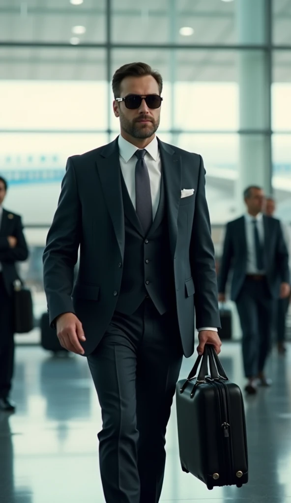 Visual: A man in a sharp suit and sunglasses walks through an airport gate and boards a plane.
Action: He sits calmly in his seat, briefcase on his lap.