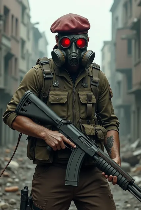 The 3rd World War, salvaged military bulletproof vest, shotgun, one filter gas mask with red glass, red beret hat, 