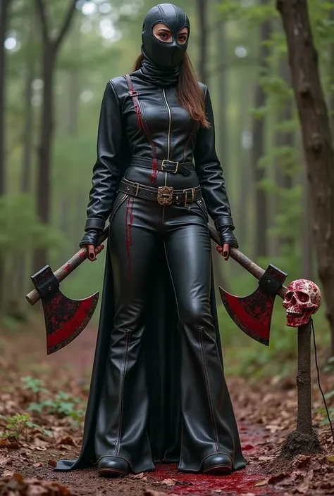 curvy leather balaclava male wear long leather mermaid bell bottoms huge belt shigh platform heels holds two large bloody axes stands in side against to the lying bloody female s nearby bloody decapitated head sticked on the pike in the ranch