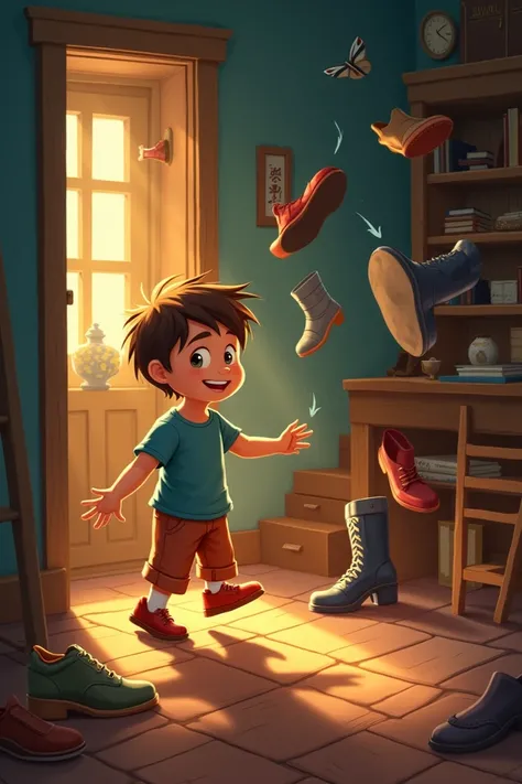 Timmy found a magical pair of shoes in his attic. When he put them on, they started dancing by themselves! The shoes twirled, flipped, and even moonwalked across the room. Timmy laughed so hard, he almost fell over. He didn’t know where the shoes came from...