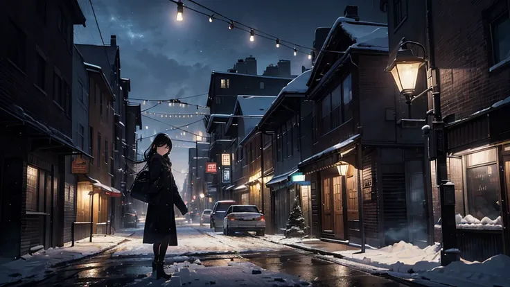 a snowy city landscape at night, a lone woman with black hair walking down the street, detailed lighting and illumination from streetlamps and buildings, (best quality,8k,highres,masterpiece:1.2),ultra-detailed,(realistic,photorealistic,photo-realistic:1.3...