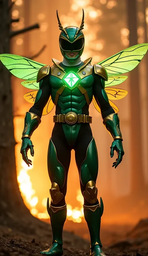 Against a dramatic backdrop of burning trees, the flames illuminating the surroundings and creating intense orange reflections, a powerful and impressive hybrid emerges: the fusion of the Green Power Ranger and a bee. The hybrid retains the iconic Green Ra...