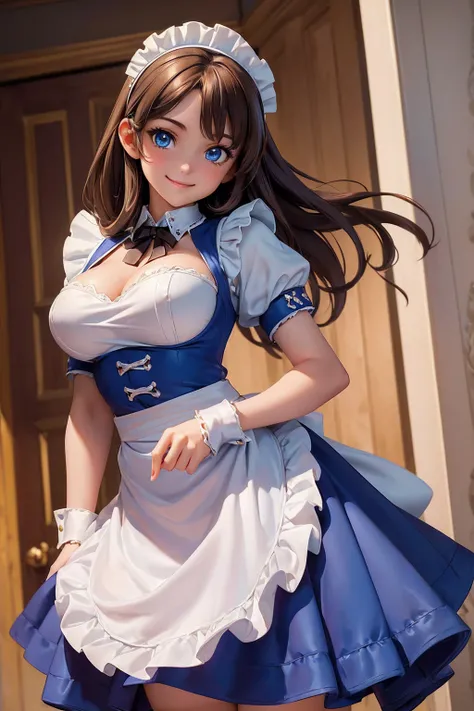 ((masterpiece,best quality,ultra-delicate,Perfect Face,perfect eyes,16k,high resolution,very beautiful girl)),((Best Anime)),sharpnes,clear,The Art of Phenomenal Depictions,brown hair,(1 girl),large breasts,blue eyes,,(Maid costume,smile:1.4),cowboy shot,