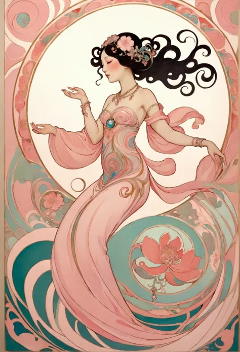  Hallucinatory, Tsuruta Ichiro Style Beauty Painting , Art Nouveau Painting , Hypnotic Patterns , Abstract, Euphoric,  Fluid Shapes ,  jewelry, flower, spring, Pale pink ,  flat illustration .  Negative Space in the Shape of a Dancing Womans Body .  Japane...