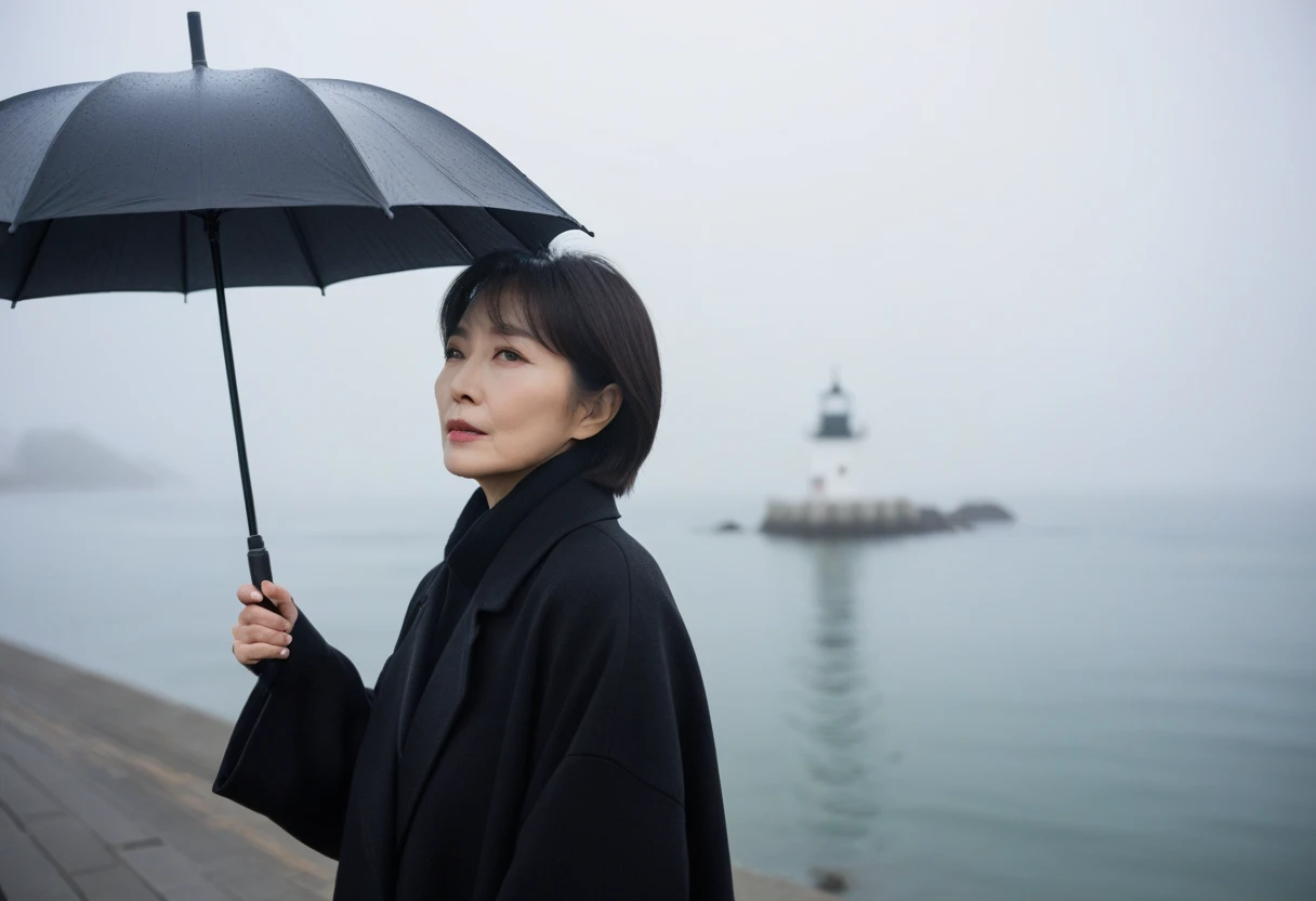 A beautiful middle-aged Korean woman in her 50s ,  Short Mid-length Hair , black coat, black umbrella, 멀리 fog 속 등대 불빛, cool,rain,blur,fog,In the middle,cool,boring,,,pier,only, Lighthouse seen in the distance , Dark coast , 희미한 빛은 fog 속에 빛나고, 형체는 fog 속에 서 ...