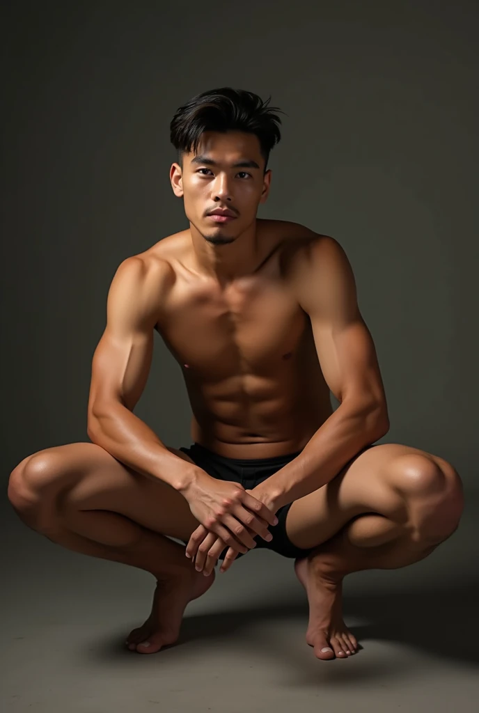 Young Male Filipino Chinito, nice body type, naked body nude , Sweaty body, bubblebutt, 3/4 angle, bubblebutt cheeks, nude squatting, legs down , splits