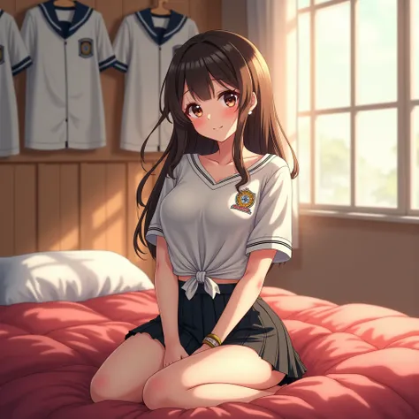 A beautiful cutie big breasts(((voluptuous curves,radiance skin)))lovely(((Japanese schoolgirl))) confidently (((made))) a fashion statement after school, in her bright warm light cozy bedroom, by tying the bottom hem of her bright white uniform shirt. Her...