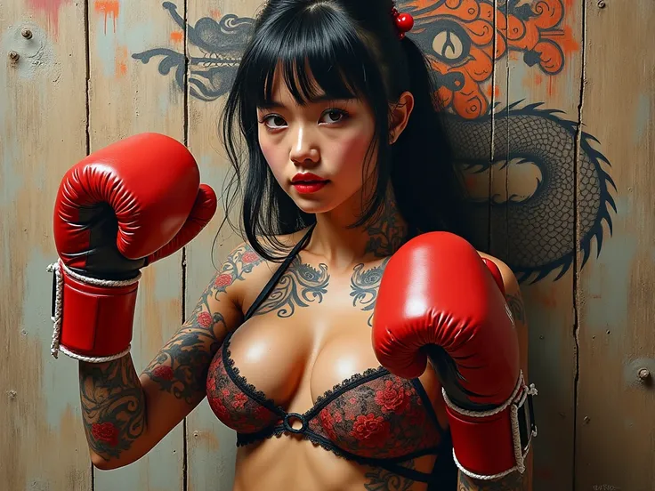 complete naked, showing perfect huge breast nude, no clothes, like a mix of Megan Fox and Wednesday, Hot girl, sexy, sensual bruce lee intricate details, boxing stance, in a fighting pose, 3D effect, full HD, hyperrealist artwork by Iván Pili, extreme clos...