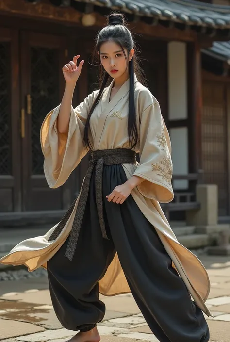 Beautiful Korean woman wearing kungfu outfit is holding samurai style squat staring at camera against Japanese house background