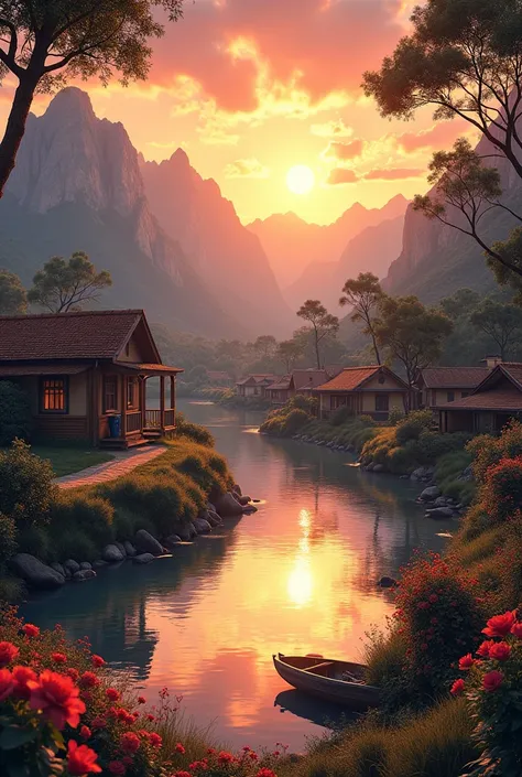 a small village by the river, mountains in the background, floral flowers colorful, detailed landscape, Beautiful natural landscapes, atmospheric lighting, scorching sunset, warm colourWe are in need of modern and clean A2 or A1 poster featuring CelikArms ...