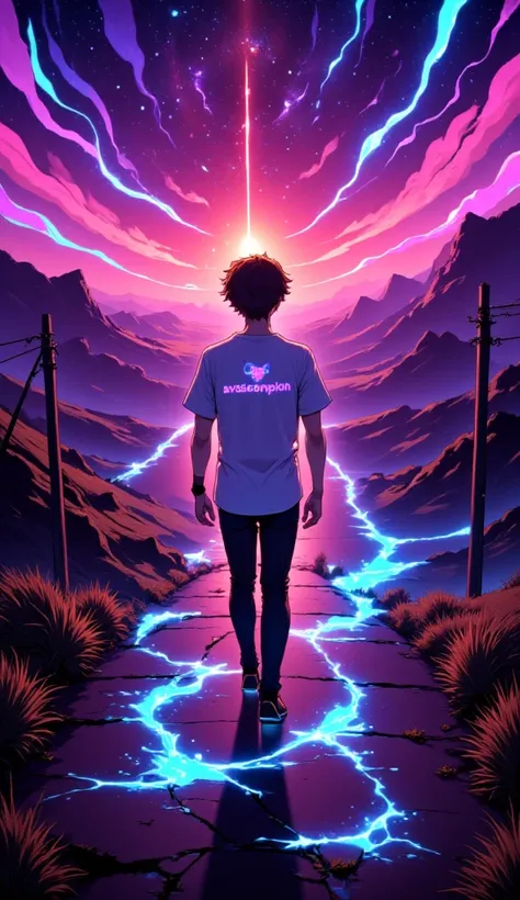 anime парень, road, fence, out of town  ,  Text on t-shirt  : AvasKorpion , neon, neonовый контур,, Night.anime,  stands in front of the camera ,  стиль anime, 2d