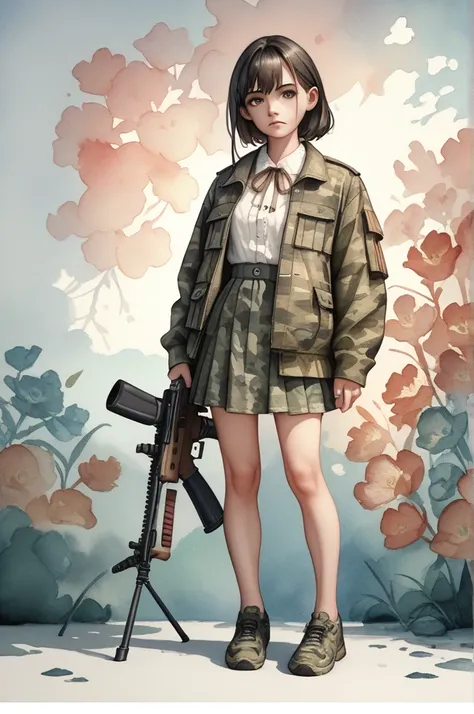 anime illustration,hunting with rifle,,opening day of hunting season,detailed background,black hair or brown hair,wearing skirt,white blouse with ribbon,camouflage,camouflage jacket,full body,watercolor painting,