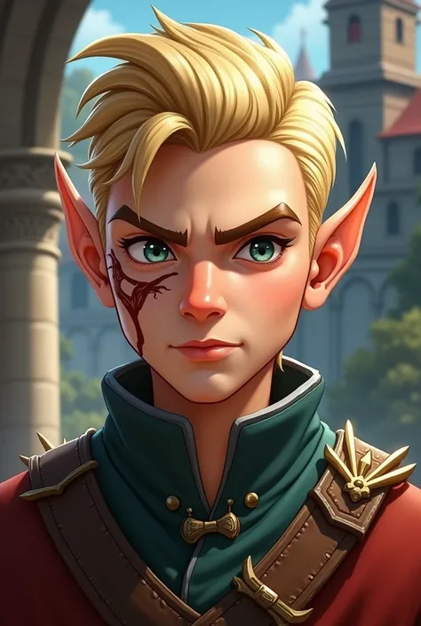 A boy, hes 18 years old, a blond and slick back hair style, short elf ears, a serious face, a big scar under right cheek, mid evil clothes, Cartoon.