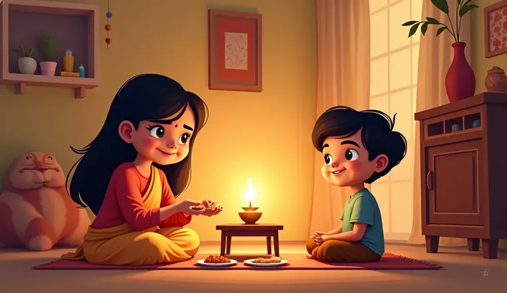 Create a illustration of cozy indoor scene in a warm and inviting room. Show Vibha lighting a lamp, creating a soft, glowing atmosphere. Nearby, Amit is sitting cross-legged on a mat, looking happy. On a small table, there are plates of chiwda and sheera. ...