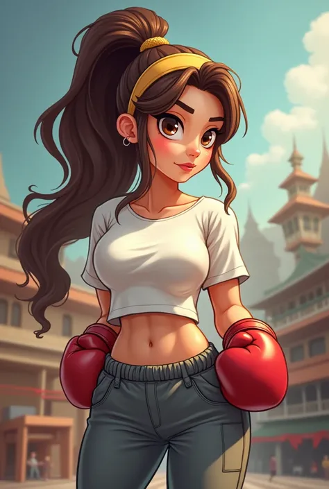 Boxer with long brown hair tied up complete with headband,  brown eyes, with gray pans and loose-fitting t-shirt,  with hip anatomy and little bust, in cartoon 
