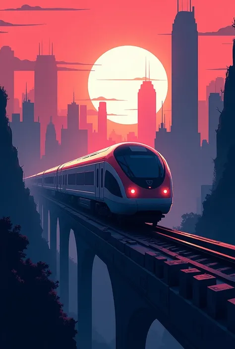 Create a sci-fi era futuristic style picture content with a train and the scenery shown as a silhouette of life