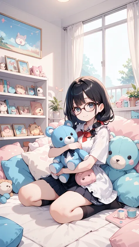  black hair,Glasses, cute,Large stuffed animal,Girl holding a stuffed animal