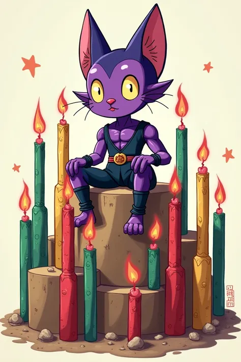 Generate an image of Lord Beerus from dragon ball z sitting on top of Bullish and Bearish candle sticks .
Make lord Beerus a little cartoonish