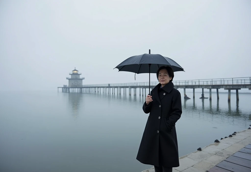 A beautiful middle-aged Korean woman in her 50s ,  Short Mid-length Hair , black coat, black umbrella, 멀리 fog 속 등대 불빛, cool,rain,blur,fog,In the middle,cool,boring,,,pier,only, Lighthouse seen in the distance , Dark coast , 희미한 빛은 fog 속에 빛나고, 형체는 fog 속에 서 ...