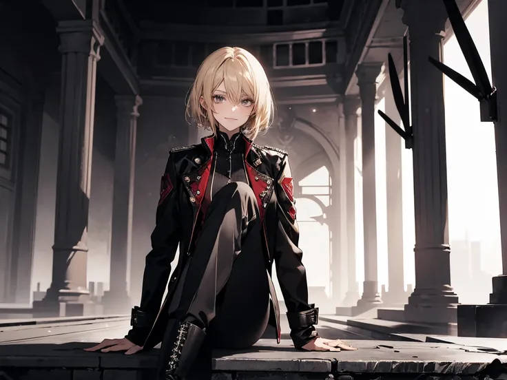 (confused, high res below, very detailed), 1 woman, blonde, bobbed hair, crimson eyes, black and white formal, 20s, beautiful, young, thin, quiet, challenging, strong, winning smile, long jacket, slim and, boots, skinny pants, observatory