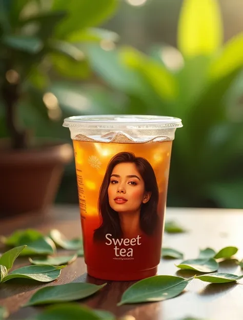 A plastic cup of iced tea sits among bertulisan dengan merk "Sweet Tea "  written in Indonesian spelling and below the inscription there is a picture of the face of a beautiful Indonesian woman,  the scattered green leaves , on the table,  in the morning ,...