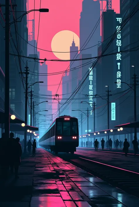 Create a cyberpunk style picture with a train and the surrounding scenery as silhouettes of life.